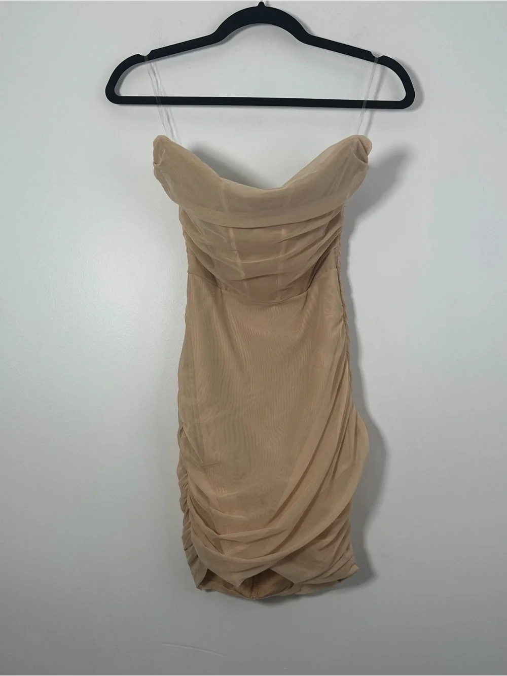 Oh Polly Nude Beige Ruched Mesh Bodycon Mini Dress Size US 4 NWT